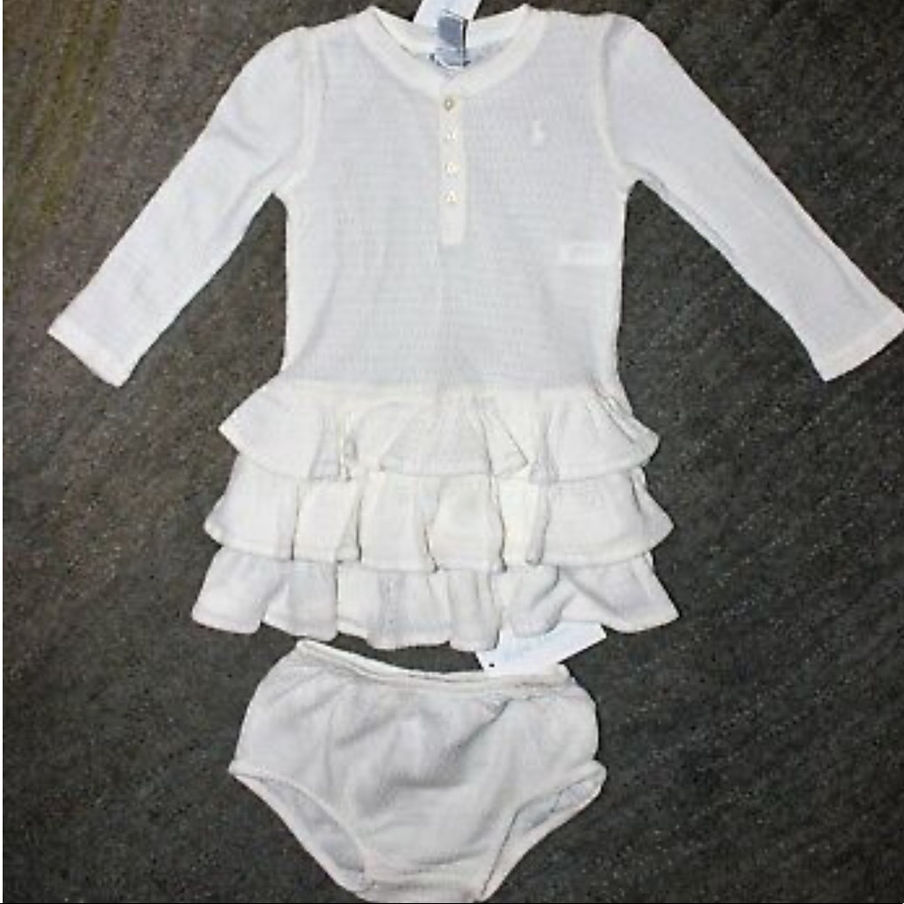 New Ralph Lauren Baby Girls White Dress with Diaper Cover
